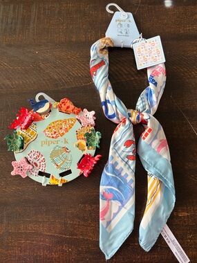 Piper K Light Blue Sea Lobster Patterned Hair Scarf Turtle Whale Crab Clips
